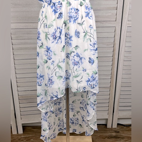 LILY ROSE Hi/Low Floral Print Maxi Dress White w Blue Floral-Large - Picture 3 of 4